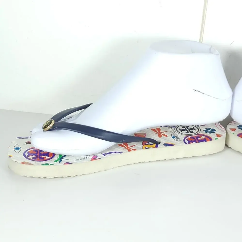 Tory Burch Women’s US6M Blue White Graphic Logo Flip Flop Thong Sandals